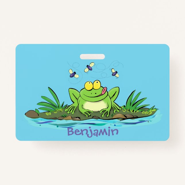 Cute green hungry frog cartoon illustration badge (Front)