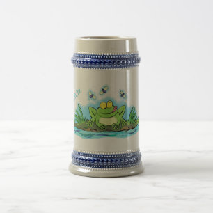 Cute green hungry frog cartoon illustration beer stein