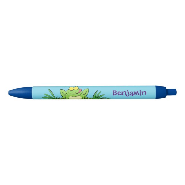 Cute green hungry frog cartoon illustration black ink pen (Front)