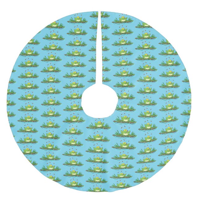 Cute green hungry frog cartoon illustration brushed polyester tree skirt (Front)