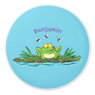 Cute green hungry frog cartoon illustration ceramic knob