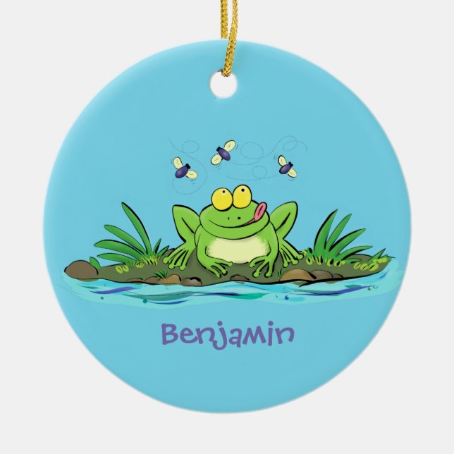 Cute green hungry frog cartoon illustration ceramic ornament (Front)