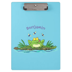 Cute green hungry frog cartoon illustration clipboard