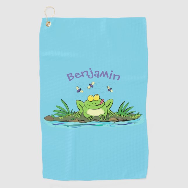 Cute green hungry frog cartoon illustration golf towel (Front)