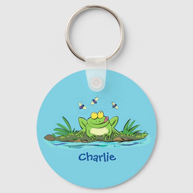 Cute green hungry frog cartoon illustration keychain (Front)
