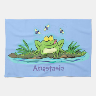 Cute green hungry frog cartoon illustration kitchen towel
