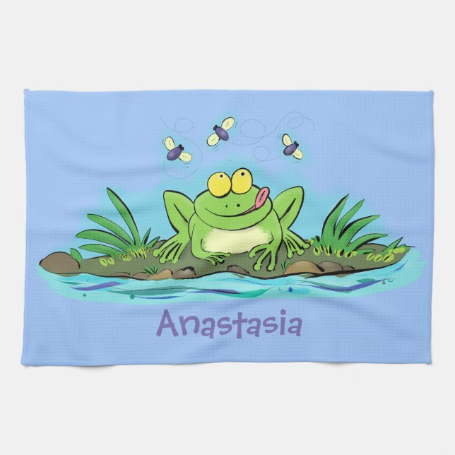 Cute green hungry frog cartoon illustration kitchen towel (Horizontal)