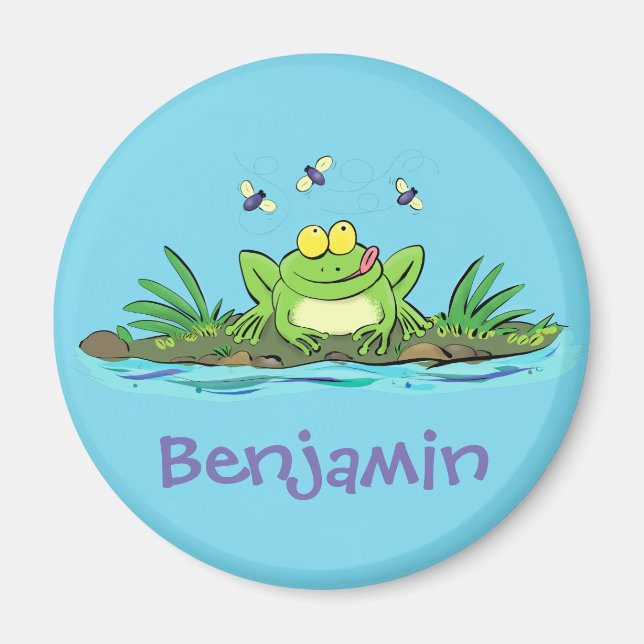 Cute green hungry frog cartoon illustration magnet (Front)