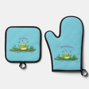 Cute green hungry frog cartoon illustration oven mitt & pot holder set