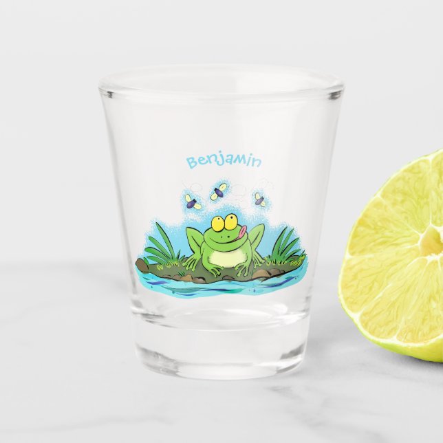 Cute green hungry frog cartoon illustration shot glass (Front)