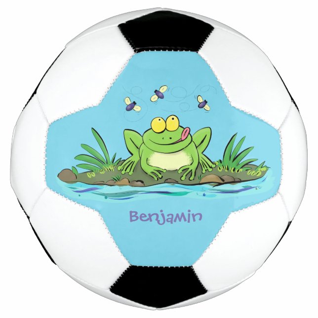 Cute green hungry frog cartoon illustration soccer ball (Front)