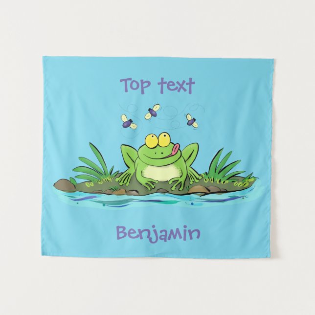 Cute green hungry frog cartoon illustration  tapestry (Front (Horizontal))