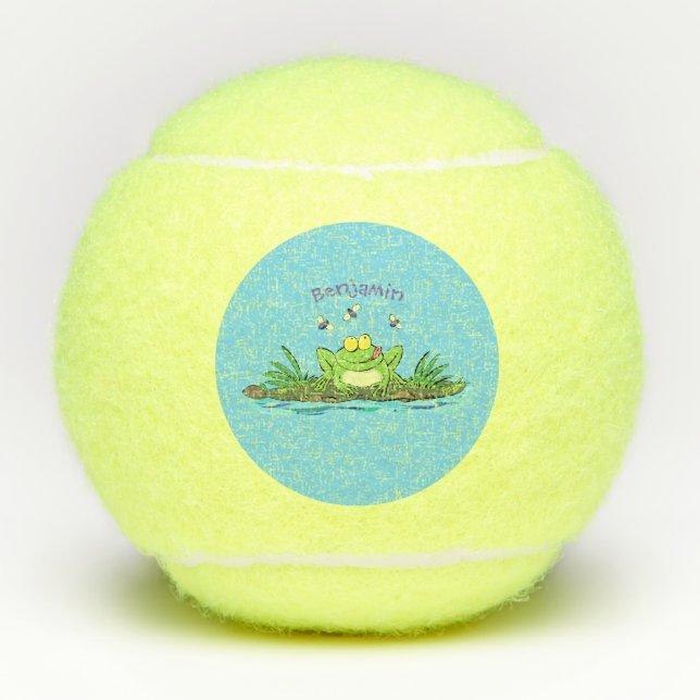 Cute green hungry frog cartoon illustration tennis balls (Front)