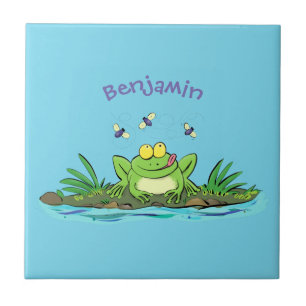 Cute green hungry frog cartoon illustration tile