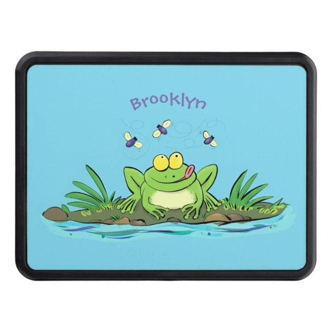 Cute green hungry frog cartoon illustration trailer hitch cover (Front)
