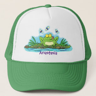 Cute green hungry frog cartoon illustration trucker hat