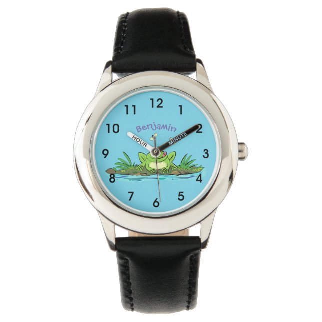 Cute green hungry frog cartoon illustration watch (Front)