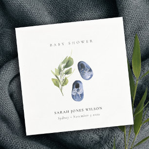 Cute Green Ink Blue Boy Shoes Foliage Baby Shower Napkin