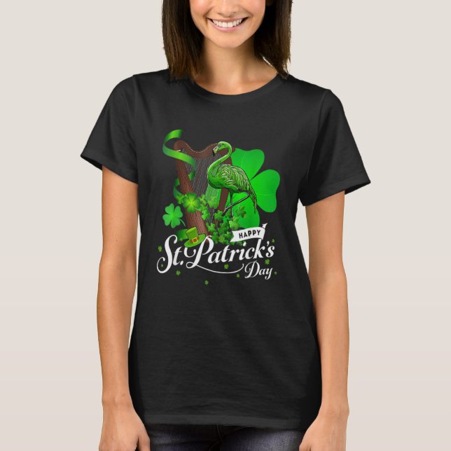 Cute Green Irish Flamingo St Patrick Day Shamrock  T-Shirt (Front)