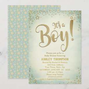 Cute Green It's a Boy Stars Baby Shower Invitation
