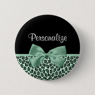 Cute Green Jaguar Print Girly Jade Bow and Name 2 Inch Round Button