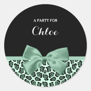 Cute Green Jaguar Print Girly Jade Bow and Name Classic Round Sticker