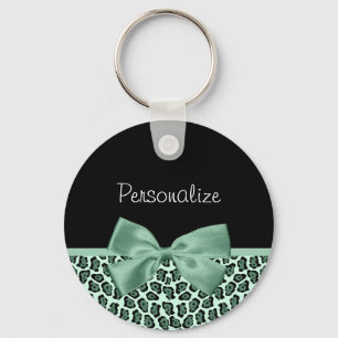Cute Green Jaguar Print Girly Jade Bow and Name Keychain