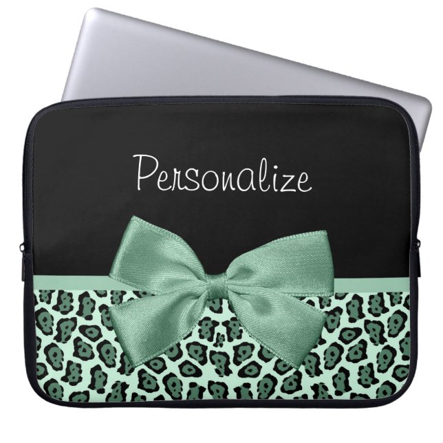 Cute Green Jaguar Print Girly Jade Bow and Name Laptop Sleeve (Front)