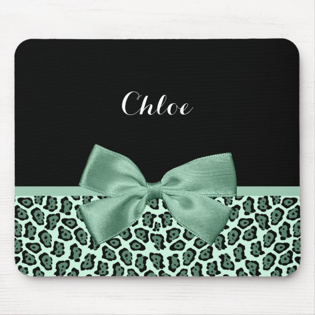 Cute Green Jaguar Print Girly Jade Bow and Name Mouse Pad (Front)