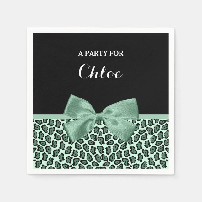 Cute Green Jaguar Print Girly Jade Bow and Name Napkin (Front)