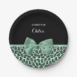 Cute Green Jaguar Print Girly Jade Bow and Name Paper Plate