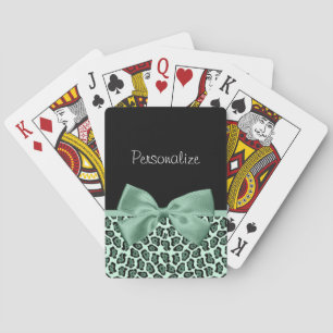 Cute Green Jaguar Print Girly Jade Bow and Name Playing Cards