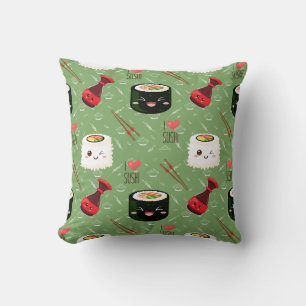 Cute green Kawaii Sushi pattern  Throw Pillow