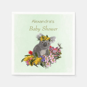 Cute Green Koala Wildflowers Baby Shower Napkin