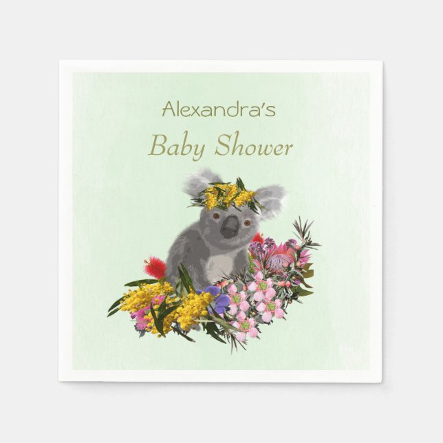 Cute Green Koala Wildflowers Baby Shower Napkin (Front)