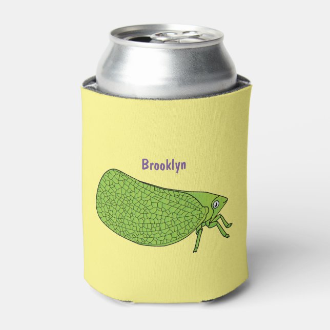 Cute green leaf hopper insect cartoon illustration can cooler (Can Front)