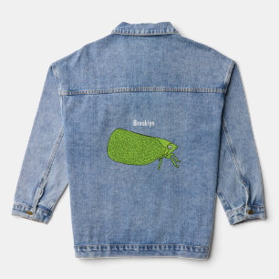 Cute green leaf hopper insect cartoon illustration denim jacket