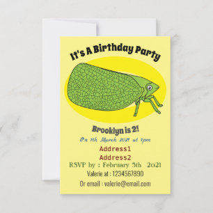 Cute green leaf hopper insect cartoon illustration invitation