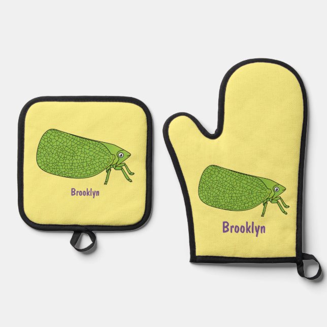 Cute green leaf hopper insect cartoon illustration oven mitt & pot holder set (Front)