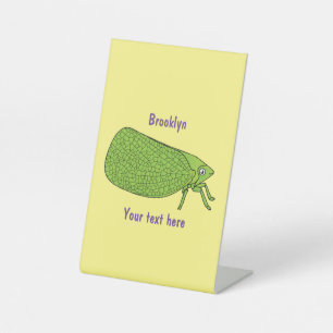 Cute green leaf hopper insect cartoon illustration pedestal sign