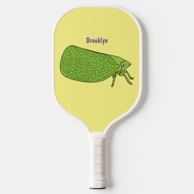 Cute green leaf hopper insect cartoon illustration pickleball paddle (Front)