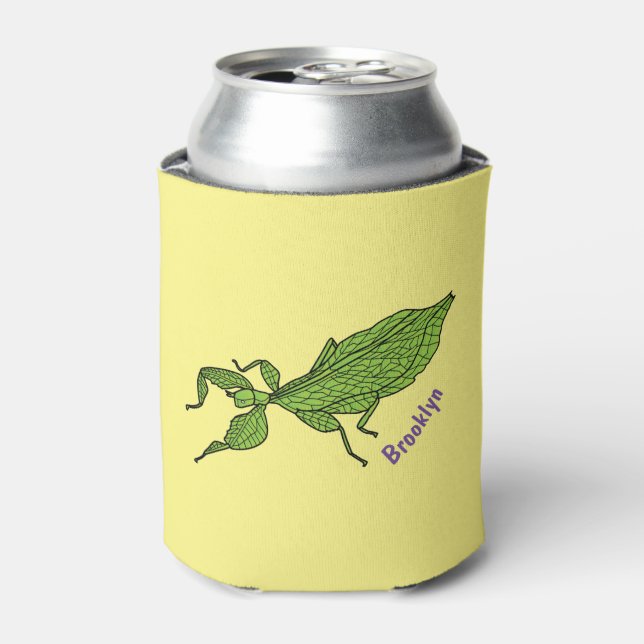 Cute green leaf insect cartoon illustration can cooler (Can Front)