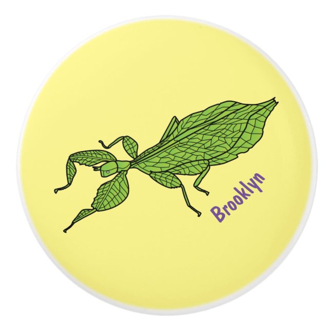 Cute green leaf insect cartoon illustration  ceramic knob (Front)