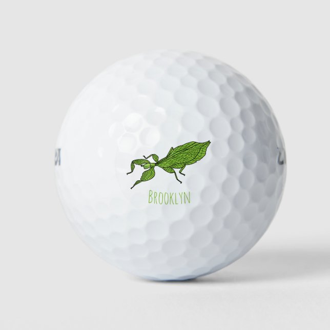 Cute green leaf insect cartoon illustration  golf balls (Front)
