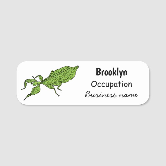 Cute green leaf insect cartoon illustration name tag (Front)