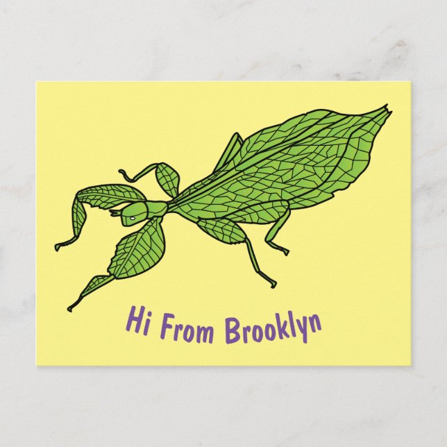 Cute green leaf insect cartoon illustration postcard (Front)