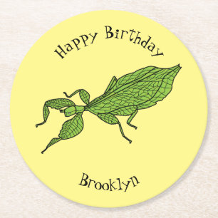 Cute green leaf insect cartoon illustration round paper coaster