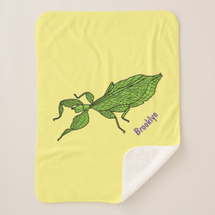 Cute green leaf insect cartoon illustration sherpa blanket