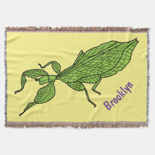 Cute green leaf insect cartoon illustration throw blanket