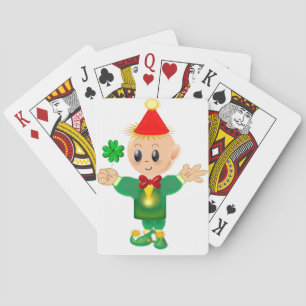Cute green leprechaun with a lucky clover playing cards
